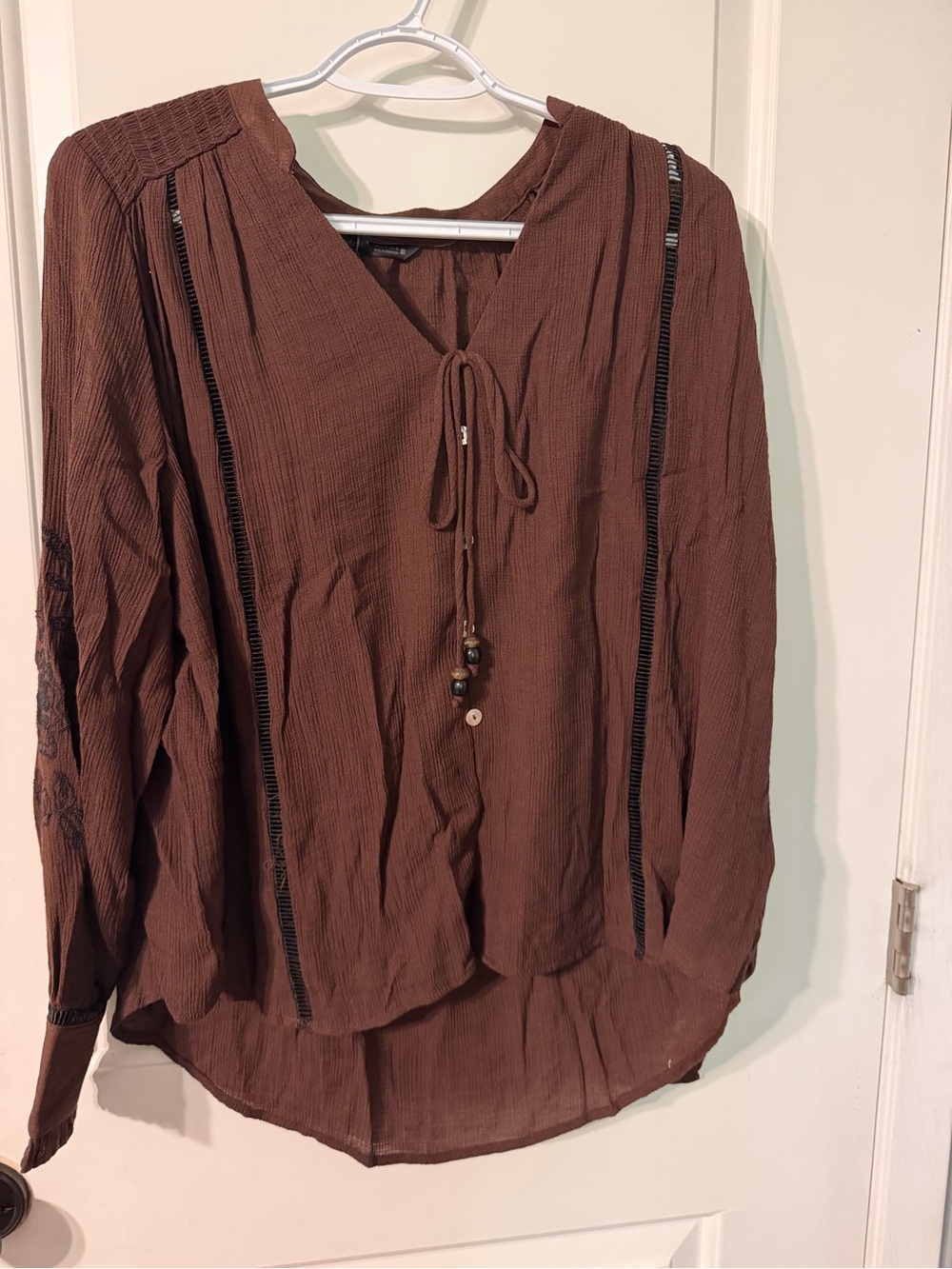 Zara Brown Boho Tie-Neck Peasant Blouse